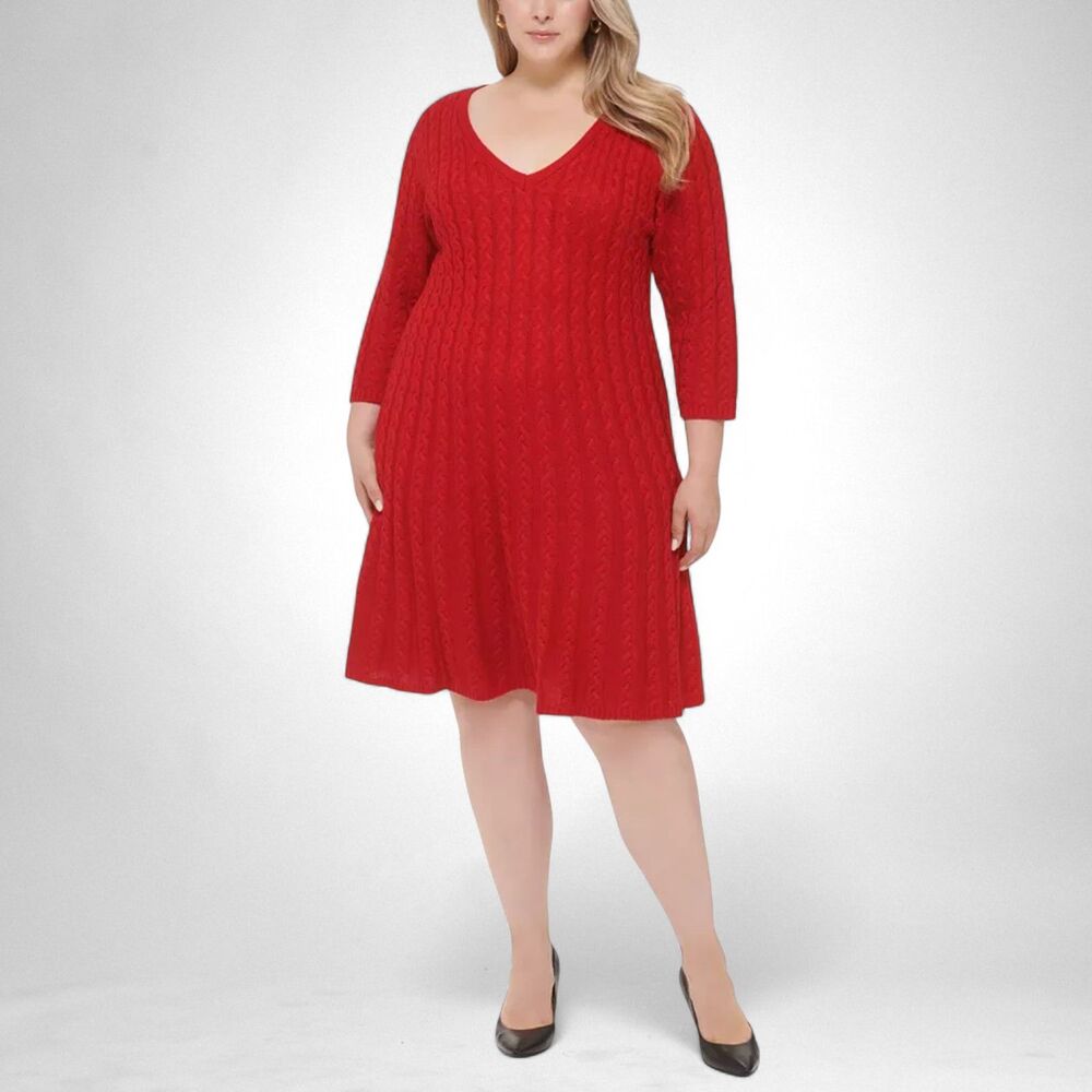 JESSICA HOWARD Plus Size Red V-Neck Cable-Knit Sweater Dress, NWOT. Size 1X